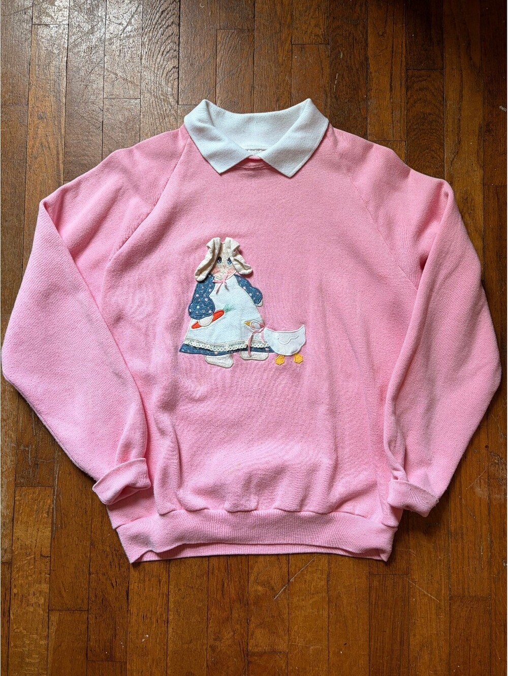 Vintage JERZEES Pink Collared Embroidered Bunny Goose Crewneck Sweater Women's L